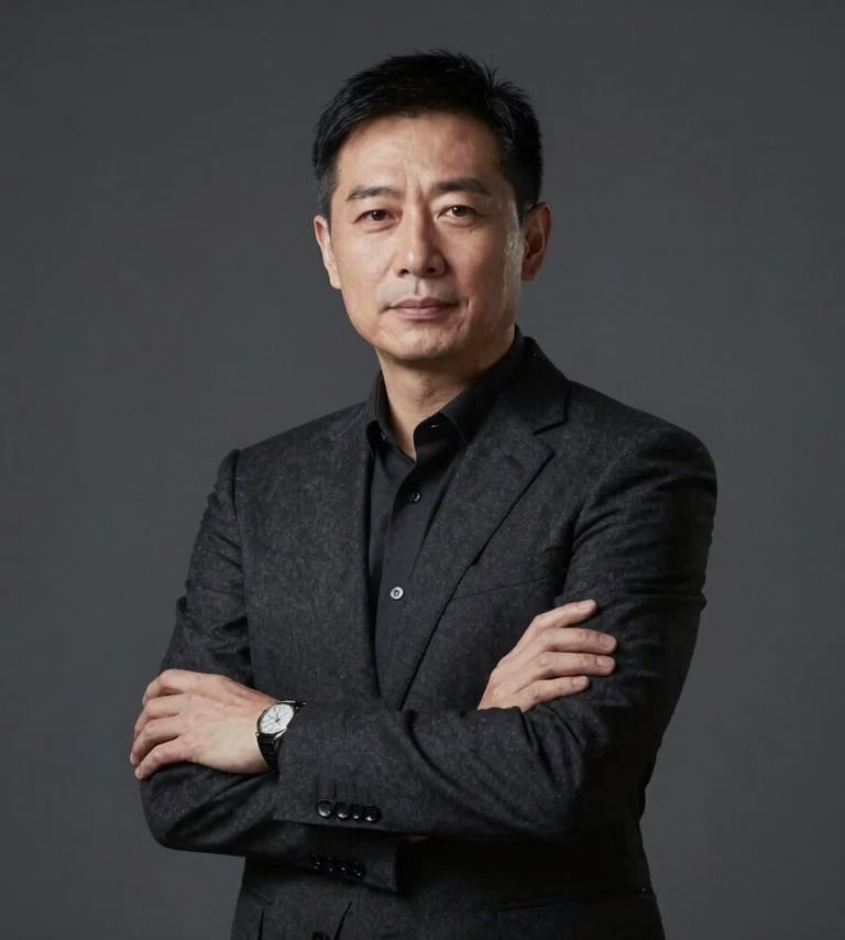 A sophisticated, high-end portrait of the architect in a dark charcoal studio. The lighting is sculptural, highlighting professional confidence. Palette includes #333333 and #F9F7F2.