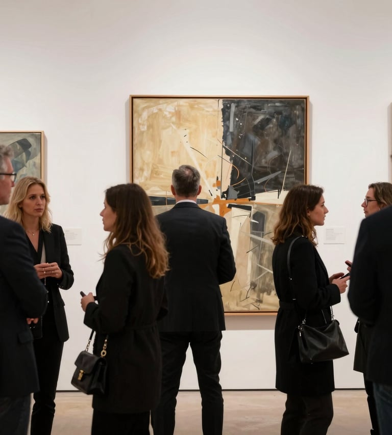 A sophisticated photograph of an art gallery opening in an International / Global Art Scene capital. Well-dressed attendees are mingling among abstract paintings that feature warm cream beige and dark charcoal tones.