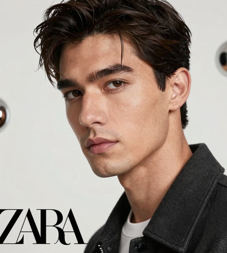 A sophisticated studio portrait of a male model with a confident expression, using a soft off-white background with subtle metallic silver props. High-end fashion aesthetic, Zara Studio style.