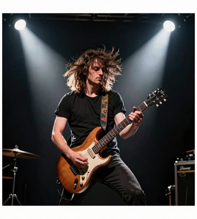 A dynamic photography shot of a guitarist performing a solo, hair flying, under intense white spotlights. The background is a dark, elegant black, emphasizing the movement and rock-and-roll vibe. Western European / Dutch music scene.