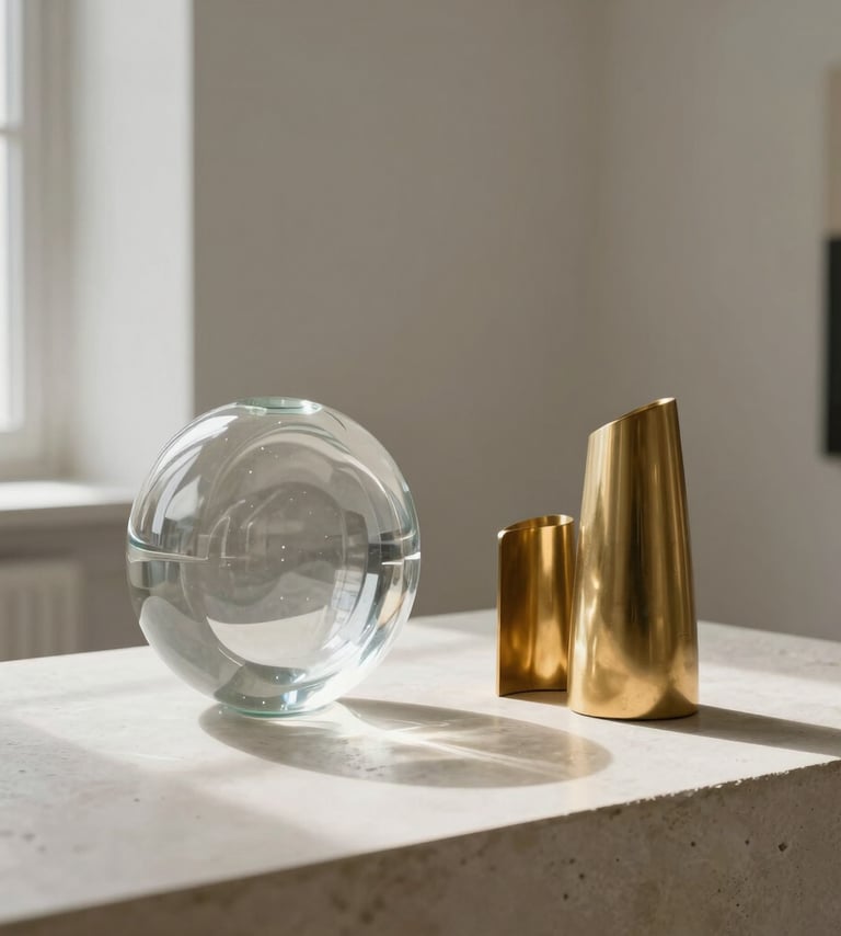 A minimalist composition of set design props, featuring a translucent glass sculpture and gold-toned metallic elements on a white stone surface, soft natural lighting from the side, Western European / French art gallery style.