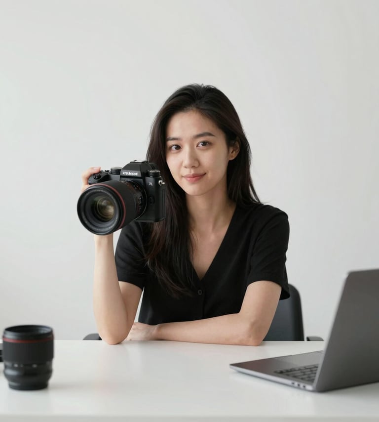 A professional and minimalist shot of Joy Liu's workspace, featuring a high-end camera and lenses on a clean #F7F5F0 background, conveying expertise and artistic dedication.