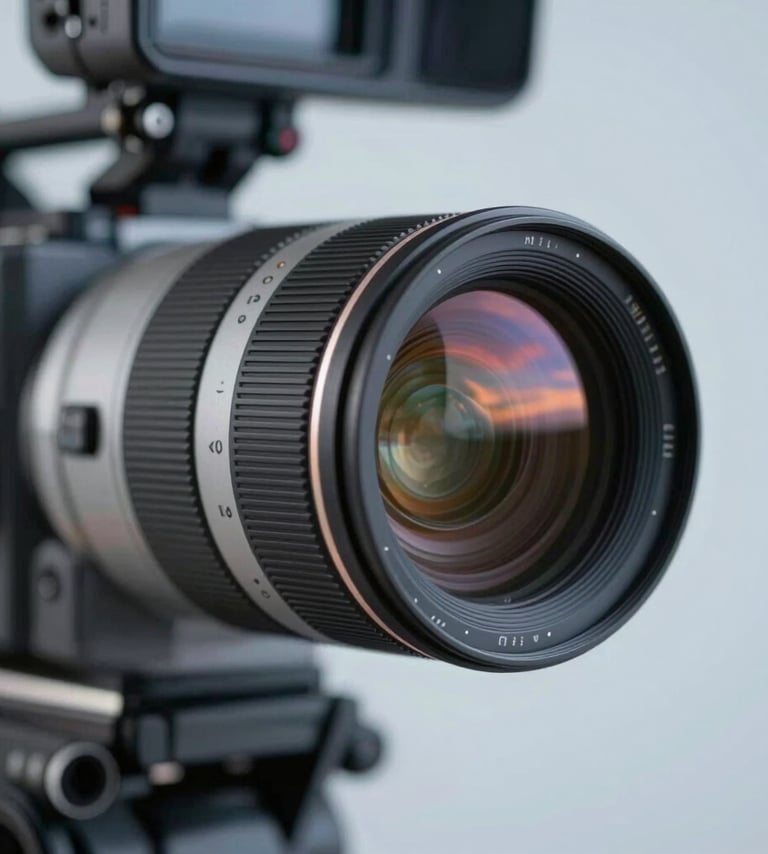 Cinematic close-up of a high-end cinema camera lens reflecting a sunset sky, minimalist studio setting, professional lighting with soft blue and silver tones (#4A616F, #8C9CA6).