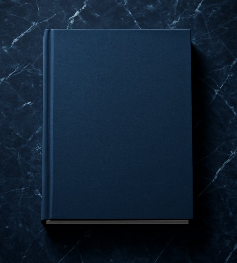 A high-end book cover mockup for 'O Destino', presented on a dark blue marble texture. The design is clean and professional, using steel blue and light blue typography. The composition is centered and elegant.