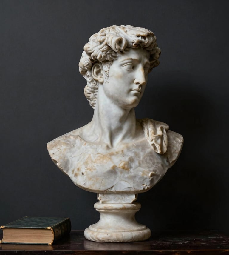A minimalist, high-contrast photograph of a classical marble bust in a library, set against a dark charcoal wall. The lighting is soft and directional, highlighting the textures of the stone. A hint of antique gold is visible from the spine of a nearby book.