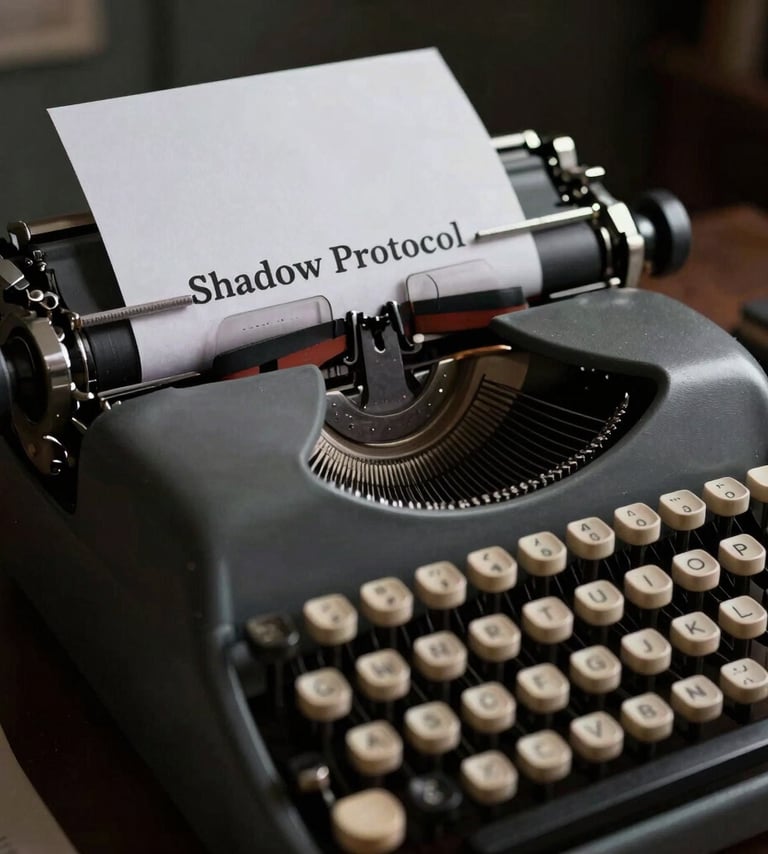 A close-up, dramatic shot of a vintage typewriter in a dark North American / US office study. A script page with the title 'Shadow Protocol' is fed into the machine. The lighting is low-key, featuring strong shadows and highlights in muted grey and rich black.