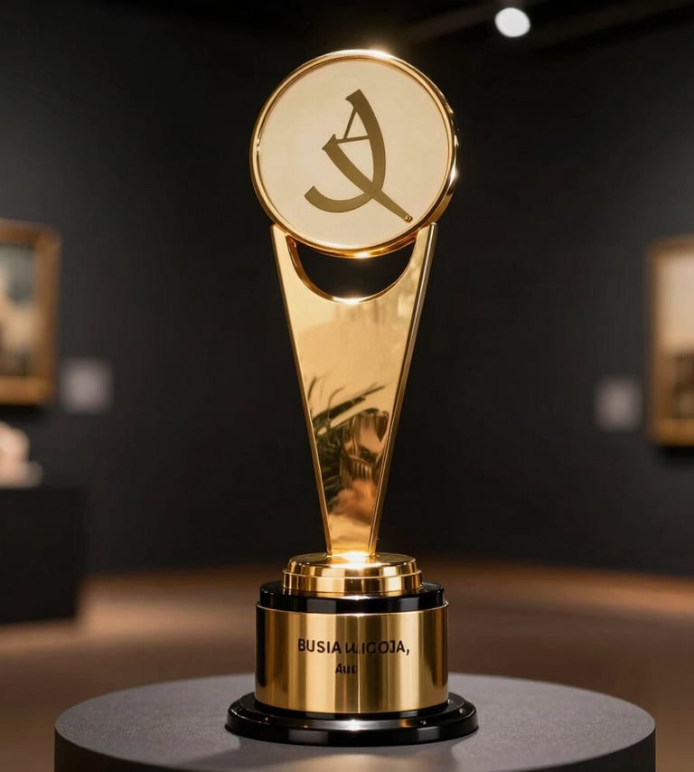 A prestigious golden film award trophy with elegant typography, reflecting soft off-white light in a dark charcoal black gallery setting in Angola, cinematic shallow depth of field, professional photography.