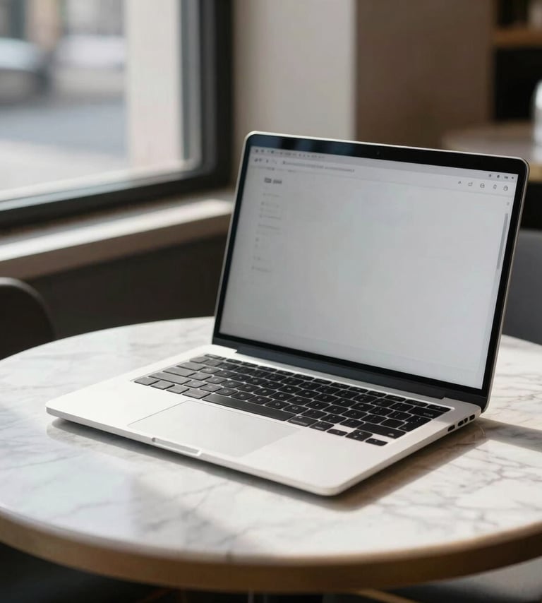 A high-end laptop sitting on a clean marble table in a bright North American / US cafe, morning sunlight streaming through the window, soft jet black shadows, and a hint of soft silver decor in the background.