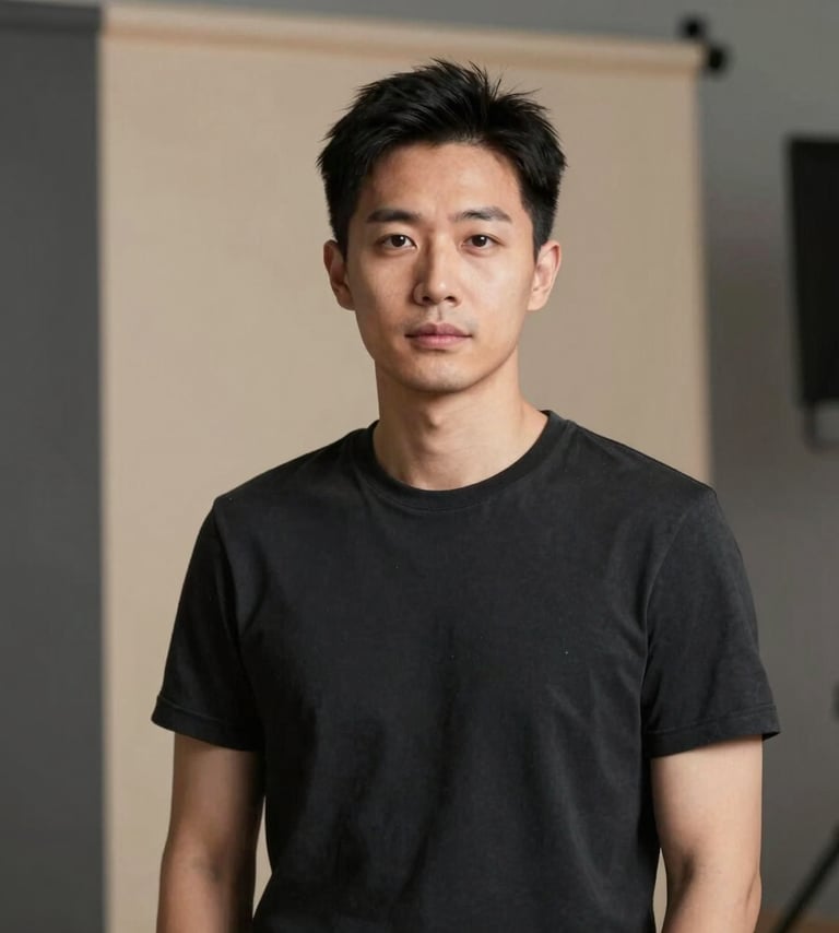 A professional portrait of a filmmaker in a modern studio. The lighting is soft, emphasizing a sense of confidence and craftsmanship. The background features charcoal accents and a soft sand wall.