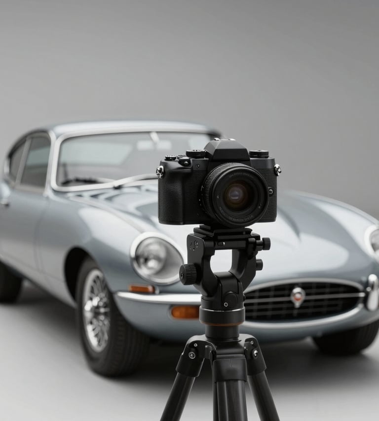 A photographer's medium format camera set up on a tripod, subtly framing a vintage Jaguar E-Type in the background. Reflects precision and a premium atmosphere. Incorporates #1C2833 and #B2BEB5 tones.