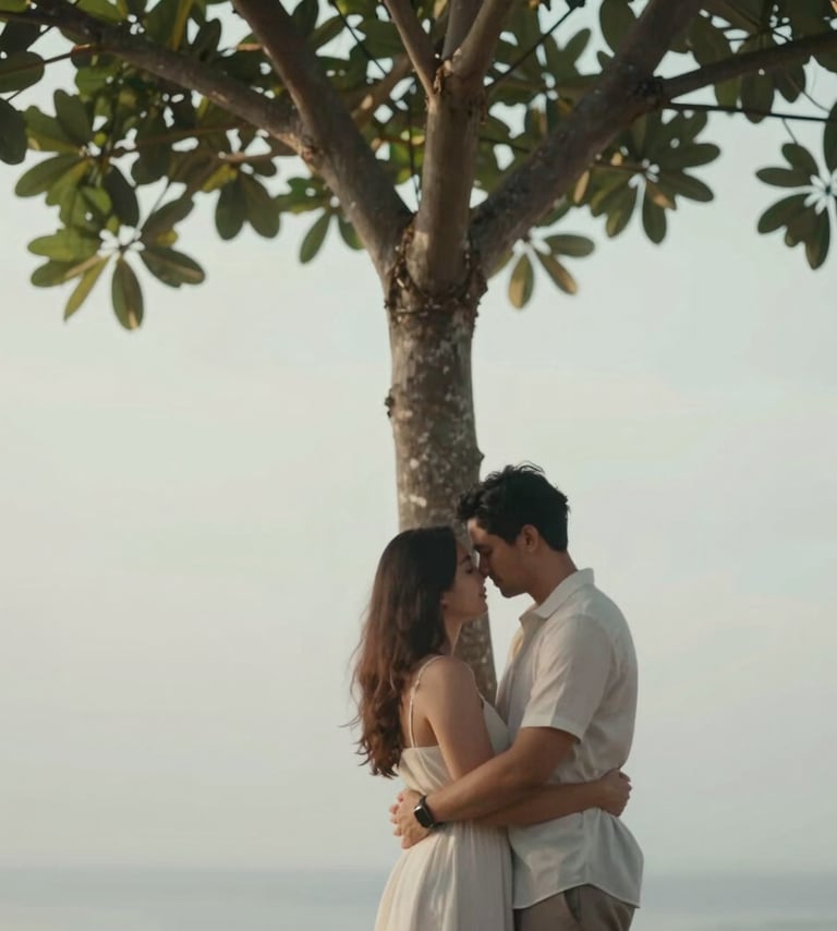 Vertical fine art portrait of a couple embracing under a lone tree in Bali, soft lighting, elegant and minimalist composition, evokes feelings of warmth and intimacy, using the #F8F4F0 and #8F6E5F palette.