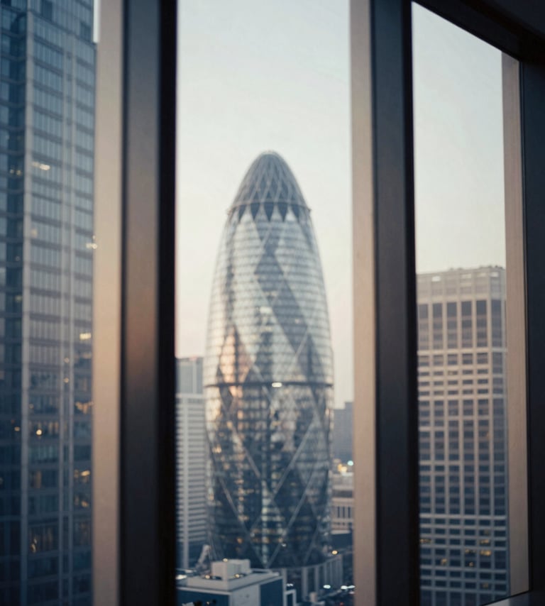 Abstract architectural lines of a global metropolitan hub, viewed from a modern office, soft natural window light, deep navy and warm champagne tones, shallow depth of field, 35mm.