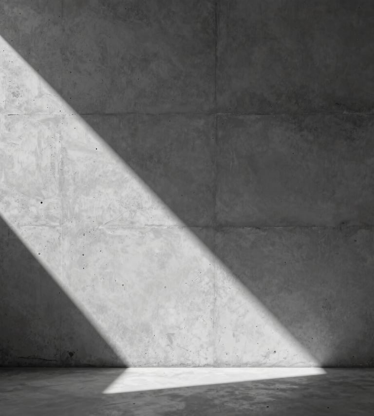 A striking minimalist monochrome photo of a single, sharp shadow falling across a textured concrete wall. The composition is clean and elegant, utilizing #0A0A0C and #F5F7FA to create high contrast in a professional gallery style.