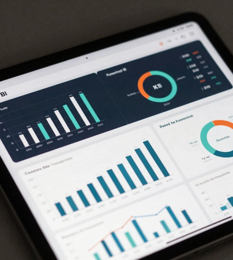 High-fidelity Power BI dashboard mockup on a sleek tablet screen, displaying clear operational KPIs, bar charts, and revenue metrics, crisp lighting, high contrast.