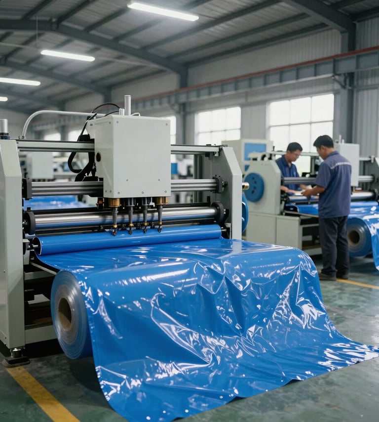 Wide environmental shot of the Karanganyar factory floor, clean industrial lighting, rolls of raw blue PVC fabric and automated seam-sealing machinery in action, professional workers in uniform.