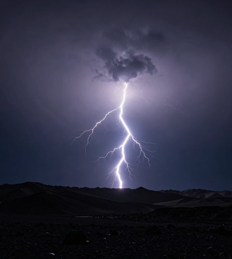 A powerful lightning strike over a dark charcoal mountain range, a brilliant flash of blue-white light against a deep navy grey sky, minimalist aesthetic with high contrast, International / Western landscape.