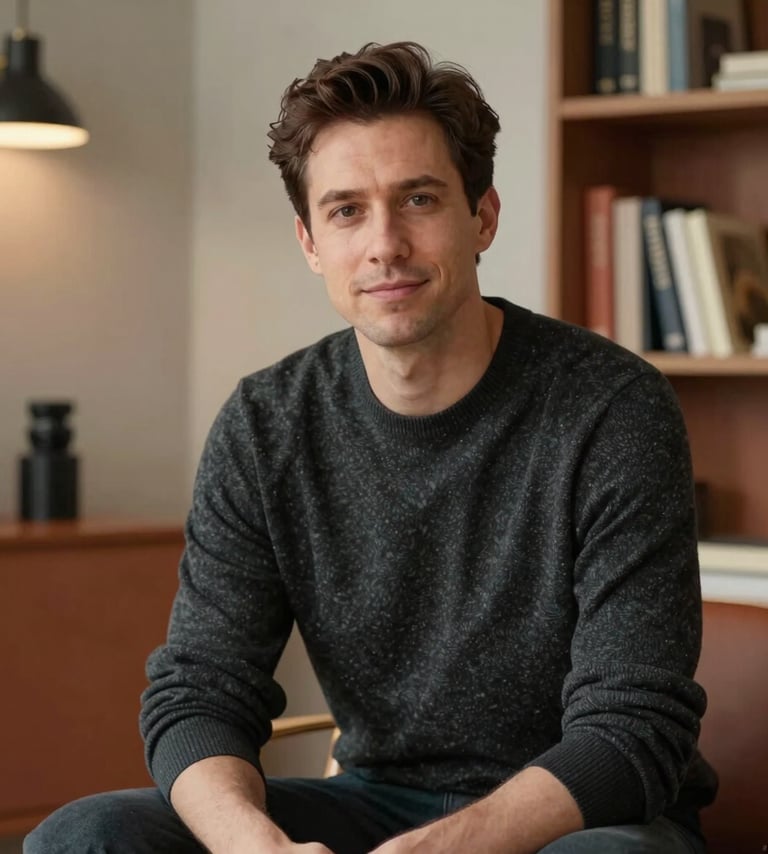 A professional portrait of a man in his 30s in a cozy, modern North American studio. He is wearing a dark charcoal sweater, sitting next to a bookshelf with warm lighting and terracotta accents. The mood is approachable and professional.