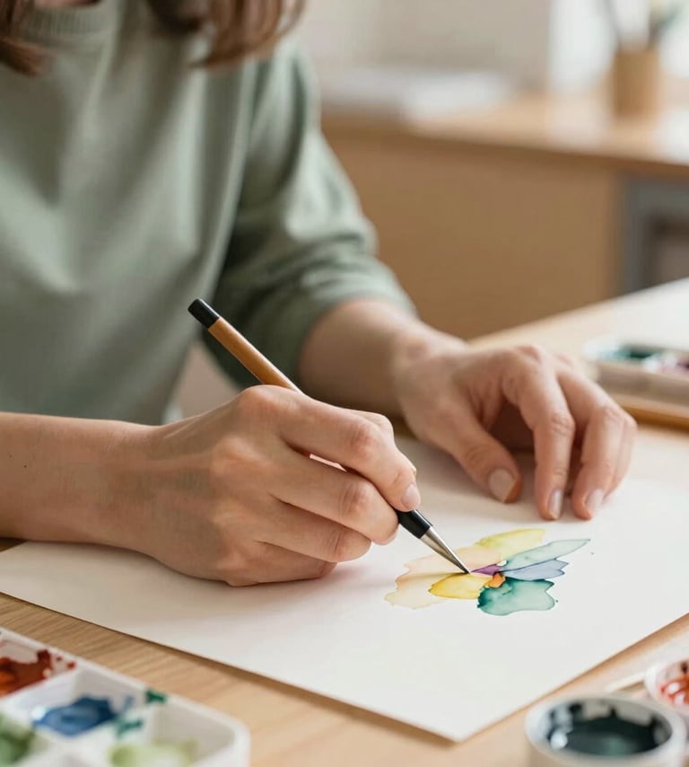 A high-resolution, warm-toned photograph of an art teacher's hands demonstrating watercolor techniques on a paper. The scene is set in a bright North American classroom with natural light and hints of sage green and tan in the background decor.