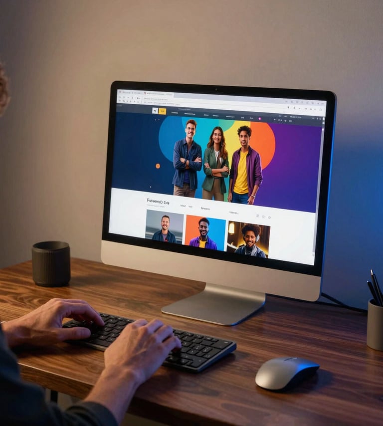A professional North American creative environment. A designer's hands are visible at a clean dark oak desk with a high-resolution monitor displaying a vibrant web layout. Ambient light is soft with gold and electric blue accents.