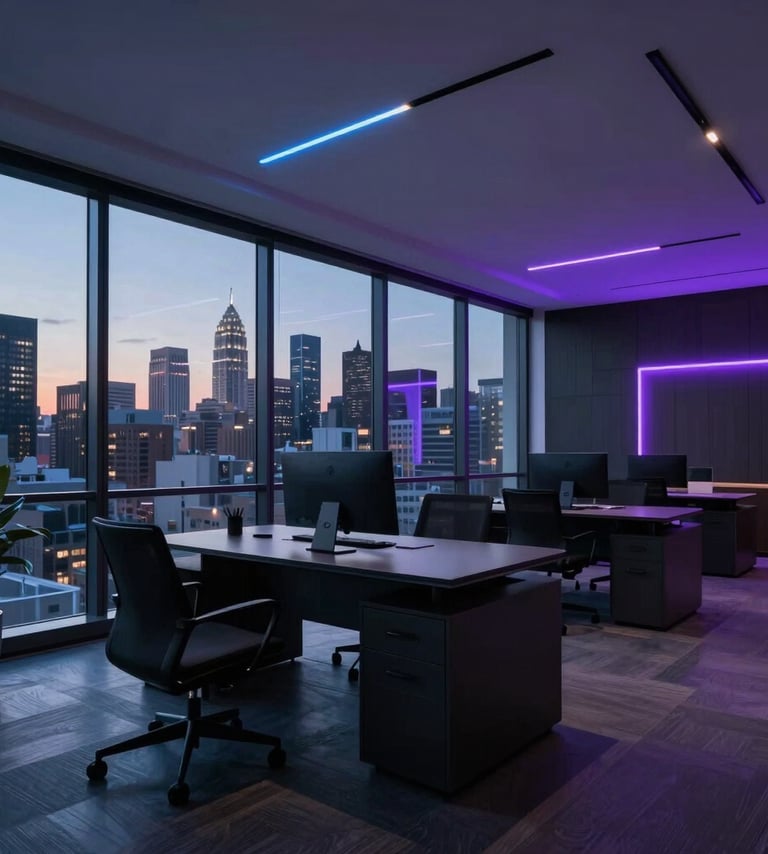A wide-angle shot of a sleek, dark-toned digital agency office in a North American city at dusk. Large windows reveal a city skyline. The interior is lit with subtle neon blue and violet LED strips, featuring high-end minimalist furniture.