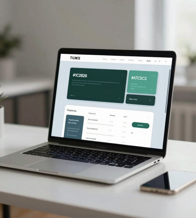 A sophisticated workspace setup featuring a high-end laptop on a clean desk. The screen displays a minimalist dashboard with soft blue-grey and dark green interface elements (#1C2826, #A7C5C3). The lighting is soft and natural, emphasizing a professional and calm atmosphere.