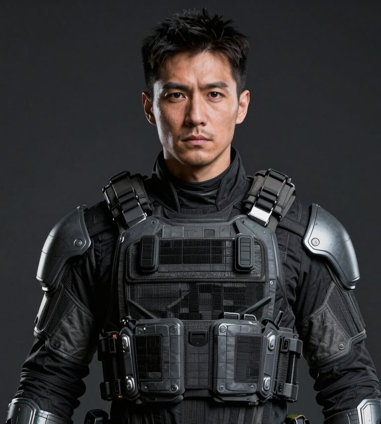 A high-fidelity cinematic portrait of a character in futuristic tactical gear, featuring dark slate gray textures and soft silver metallic accents. The lighting is dramatic and moody, set against a charcoal black background, featuring a professional model in a North American / US studio setting.