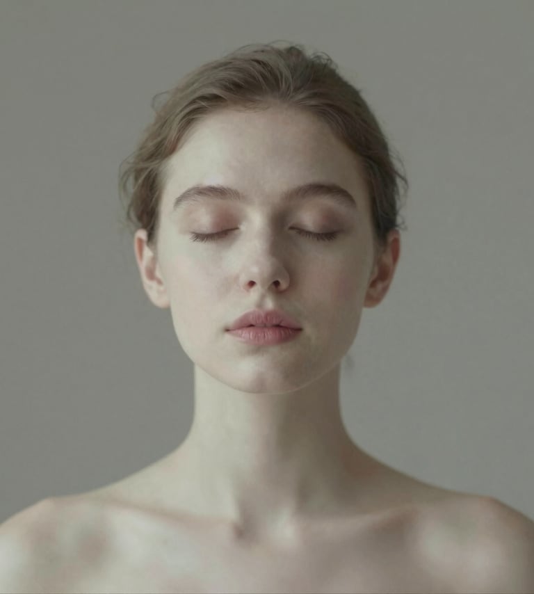 A portrait of a woman with her eyes closed, bathed in a soft glow of #F5F2EF. The background is a muted #4C4A48, creating a timeless, elegant, and emotive fine art look.