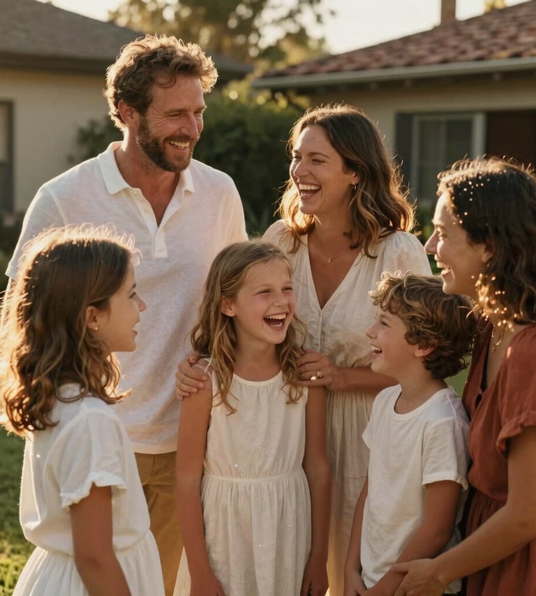A cinematic lifestyle photograph of a family laughing together in a sun-drenched North American / US backyard. The scene is filled with warm golden hour light, with soft white and terracotta clothing accents. High-end photography with a focus on genuine human emotion.
