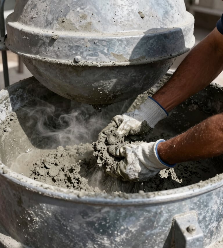 Close-up portrait shot of a worker's hands in gloves mixing concrete in a large industrial mixer, dust and texture visible, hard direct sunlight, high contrast, industrial documentary photography.
