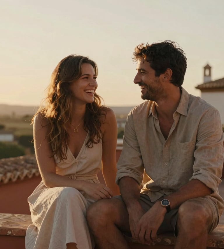 A warm, natural, and cinematic lifestyle photograph of a couple sitting close together on a rustic terrace in Spain. The soft golden hour sunset light, rich in terracotta and warm sand tones, highlights their spontaneous expressions and shared laughter. Realistic documentary photography, professional depth of field.