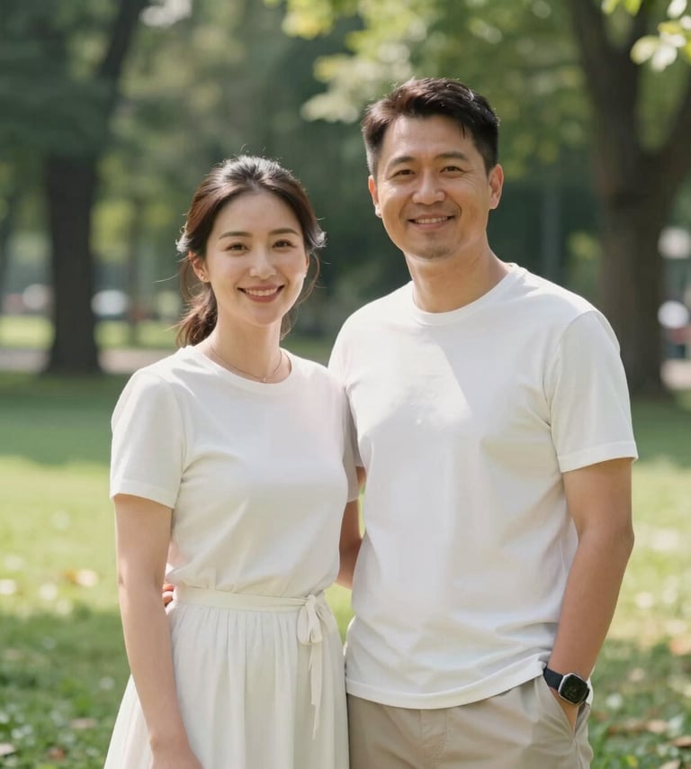 A professional photography portrait of a happy couple in a lush green park in Kartal, Istanbul. Bright natural sunlight, minimalist composition, premium high-end photography style with soft off-white highlights.