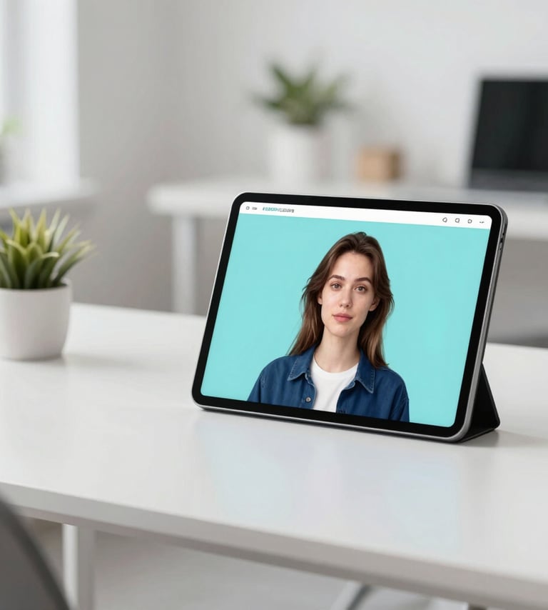 A modern workspace with a tablet showing an AI-generated portrait, very bright and airy, minimalist furniture, brand colors #E0FBFC and #3D5A80 present in the decor.