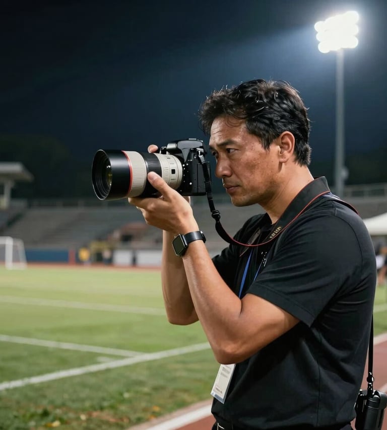 A professional sports photographer with a camera, looking focused, standing on a stadium sideline at night, floodlights in the background creating a soft glow, dynamic Western international setting, palette includes black and dark blue.