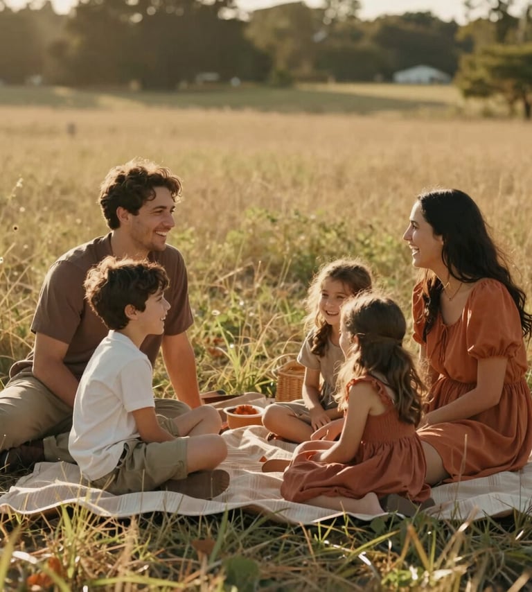 A candid, cinematic photograph of a young family laughing together during a golden hour picnic in a North American US meadow. The lighting is warm and sun-drenched, featuring soft sand and terracotta tones in their clothing. Authentic, emotional storytelling.