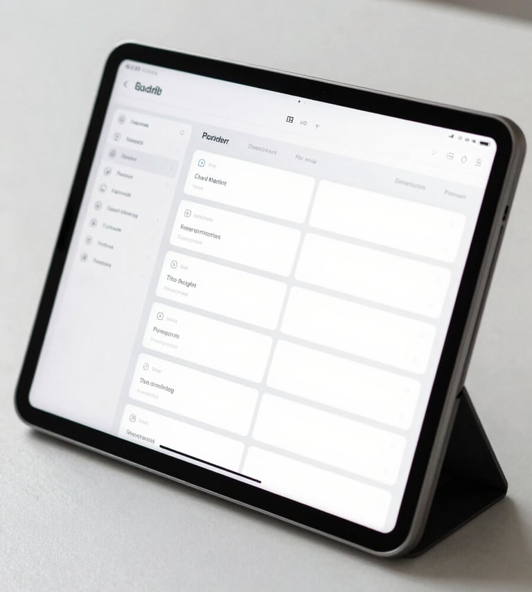 A minimalist productivity setup in a bright North American / US studio, close-up on a high-end tablet showing a project management dashboard, ice white and steel grey color palette.