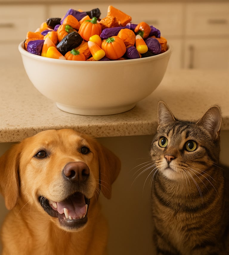 Dog and cat watching candy bowl kept out of reach in Burlington home.