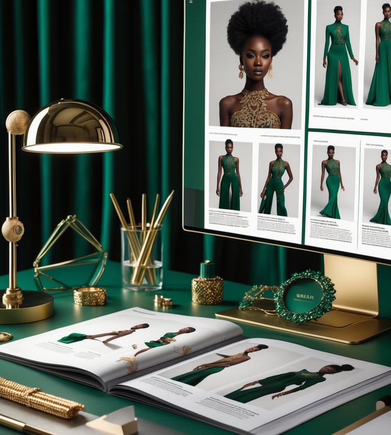 A fashion design workstation with a computer monitor and magazine showcasing emerald green gowns and gold accessories.
