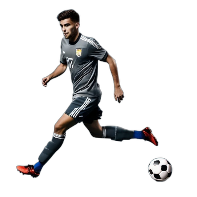 a man in a soccer uniform running with a soccer ball