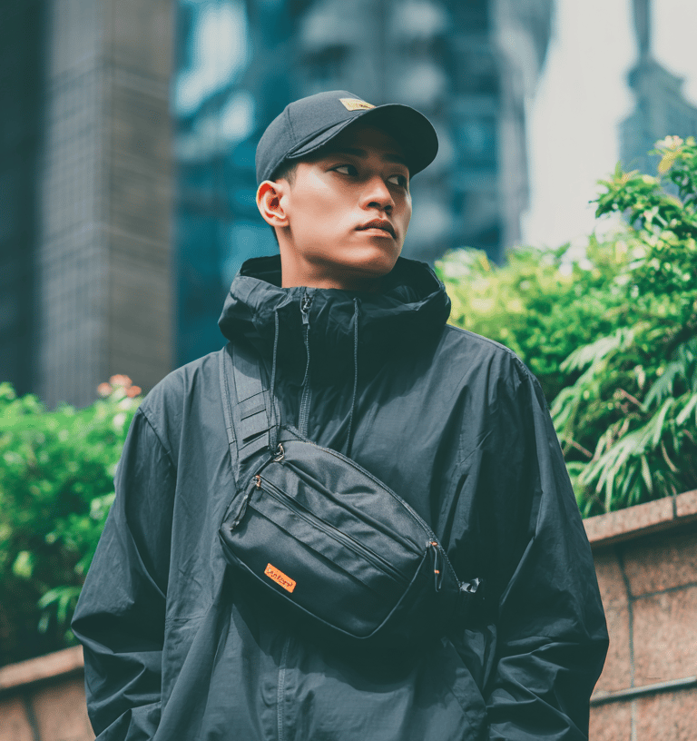 a guy with a black chest bag