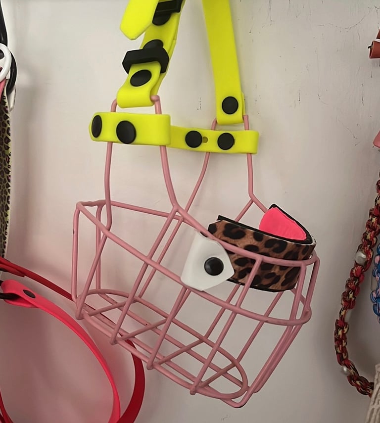 Bild von einem buntem Maulkorb der an der Wand hängt