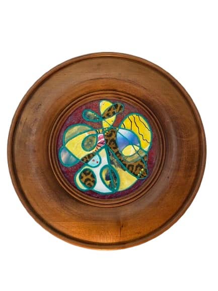 Œuvre abstraite, collage sur support en bois rond - Collection art combinatoire prémices de Xirkys