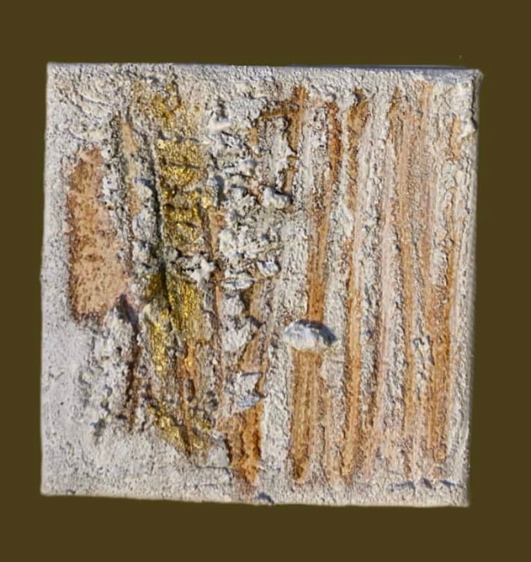 Oeuvre d'art acrylique et mixed média sur toile dorée et brun