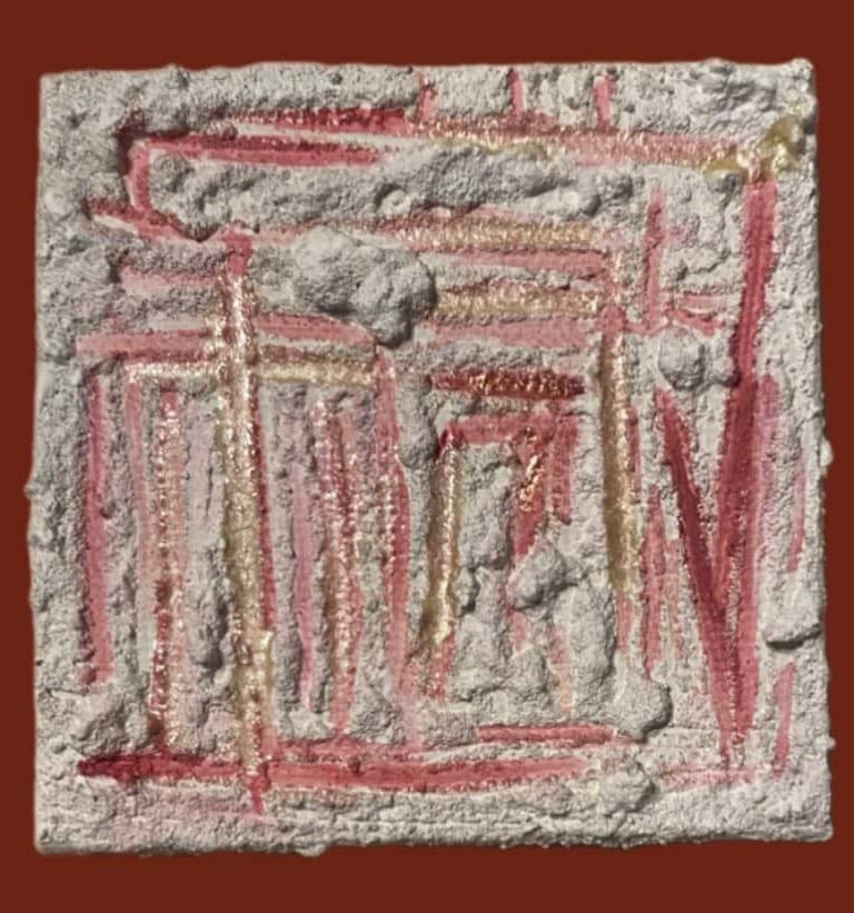 Toile mixed média abstraite rouge carmin et perle Xirkys artiste plasticienne