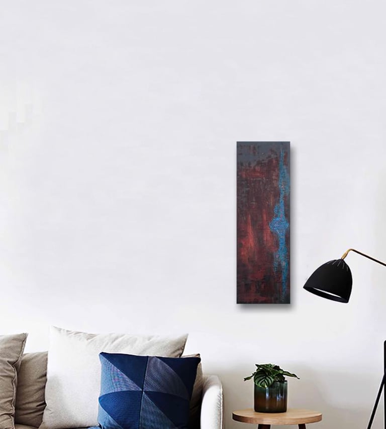 Oeuvre d'art rouge et turquoise de Xirkys exposée dans un salon