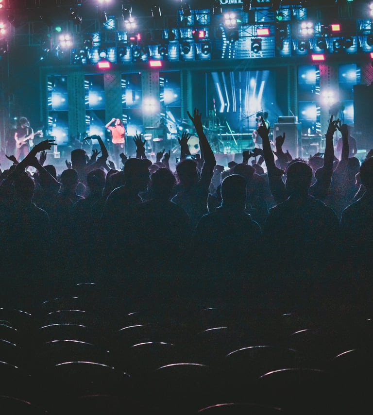 Eine große Menschenmenge die vor einer Bühne steht wo live Musik gespielt wird.