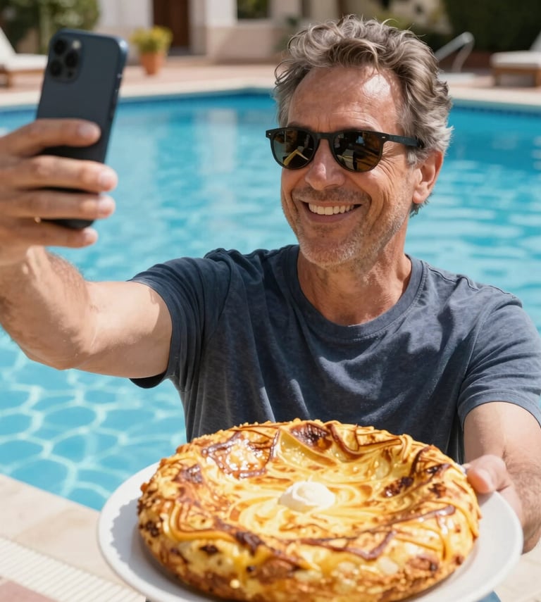 A smiling mature man wearing sunglasses takes a selfie with a fresh quiche by a sunny swimming pool.