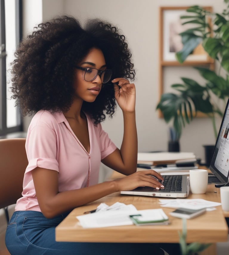 A focused entrepreneur working on a laptop with notes and a clear step-by-step plan visible on the screen.