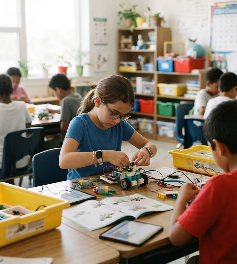 Bright, clean classroom environment, a focused child (around 8-10 years old) assembling a small robotics kit on a modern desk, soft natural daylight, wide shot showing the student and the kit, collaborative learning atmosphere, no faces looking at camera.