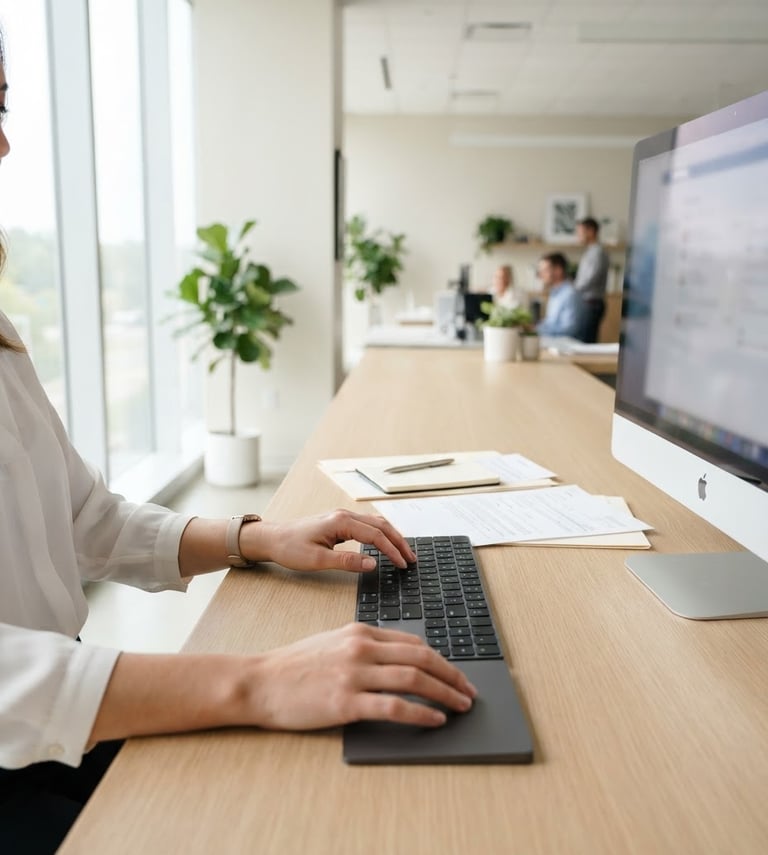 Clean, well-lit digital service counter with hands typing on a modern keyboard, official documents neatly arranged, soft natural daylight, professional and trustworthy atmosphere, 35mm lens, wide panoramic view with negative space on left.