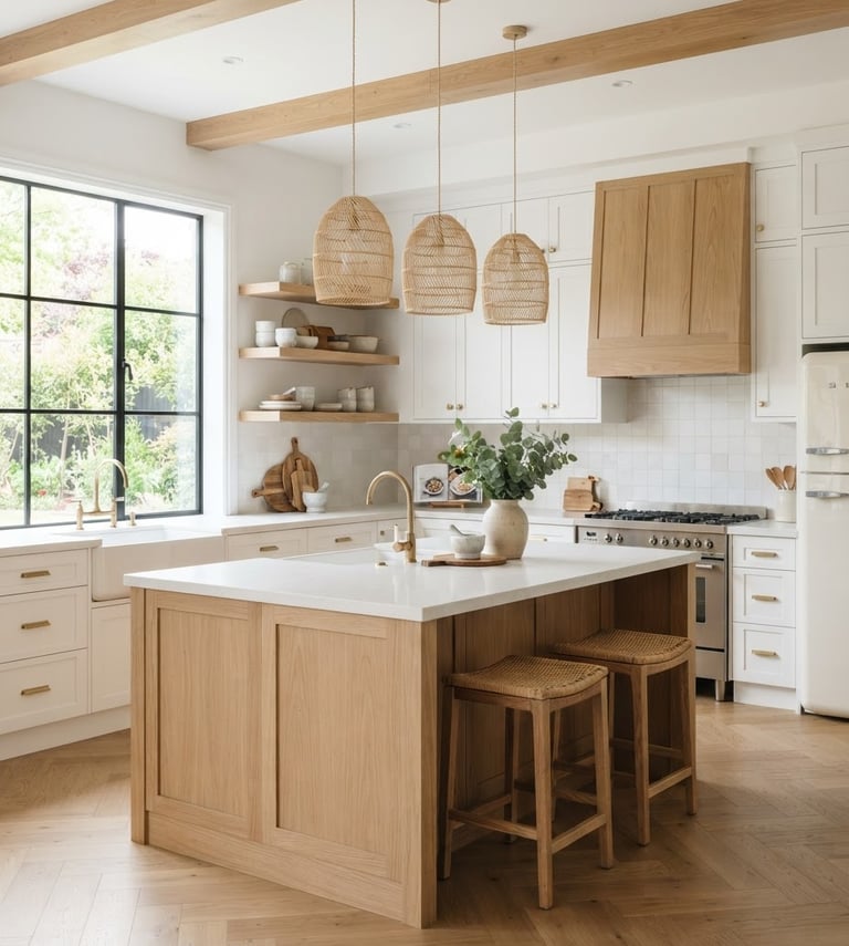 Bright, modern kitchen with white cabinets and natural wood accents, bathed in natural light, architectural photography style, warm neutral tones, 35mm lens, sharp focus.